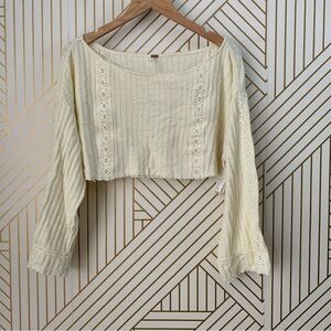 Free people bell sleeve waffle knit crop sweater eyelet crochet boho bohemian XS
